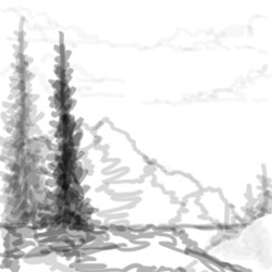 sketch made with brush of forest and mountains